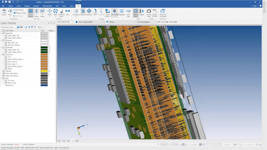 En CAM350, puedes obtener una visualización en 3D detallada y selectiva de las capas de la PCB.